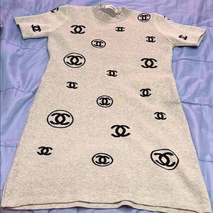 Gray Dress with Black Logo Pattern